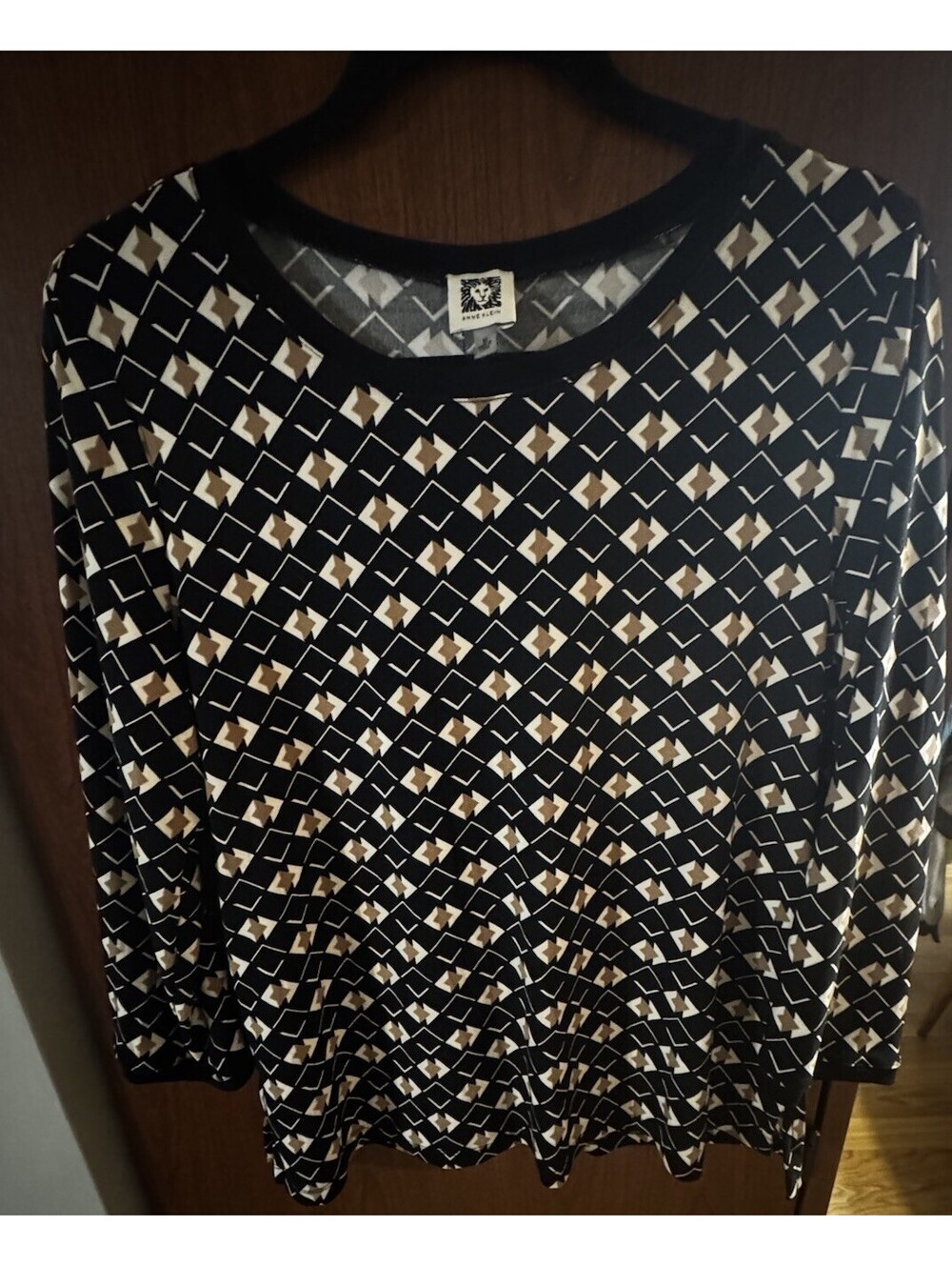 Anne Klein Womens M Black Tan Geometric Top 3/4 Sleeve Button Back Blouse